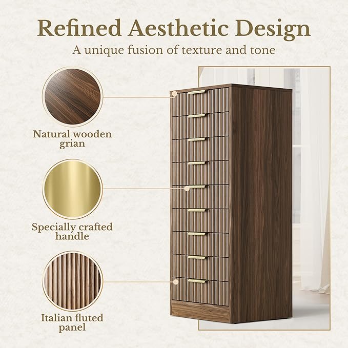 9 Drawer File Cabinet, Wooden Office Cabinet with Drawers, Fluted Storage Filing Drawer for Home Office, Black Walnut