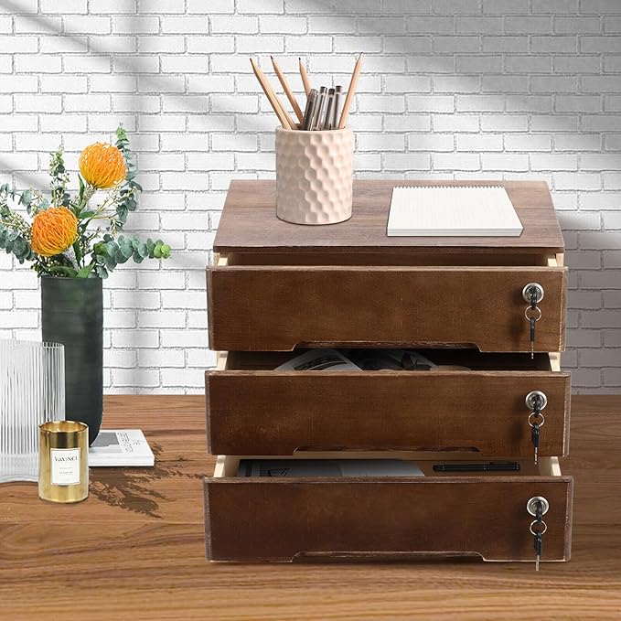 Wooden Desk Organizer with Drawers & Lock, Desktop Countertop Storage Cabinet Lockable Home Office Supplies File Tabletop Organizing Unit (3 Drawer - Retro Walnut)