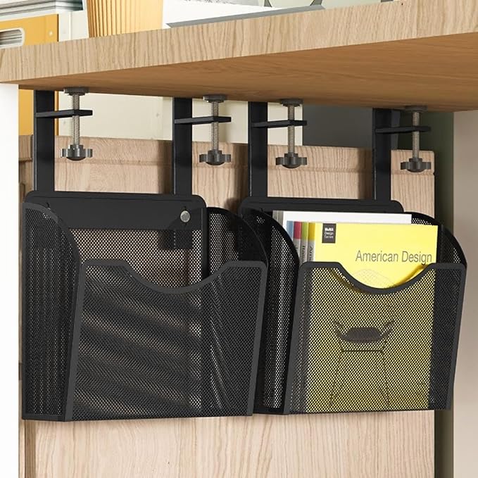 Under Desk Drawer, Desk Side Storage, Hanging Desks Organizer, Clamp On Mesh Metal Desks Organizer for Office and Home (Black)
