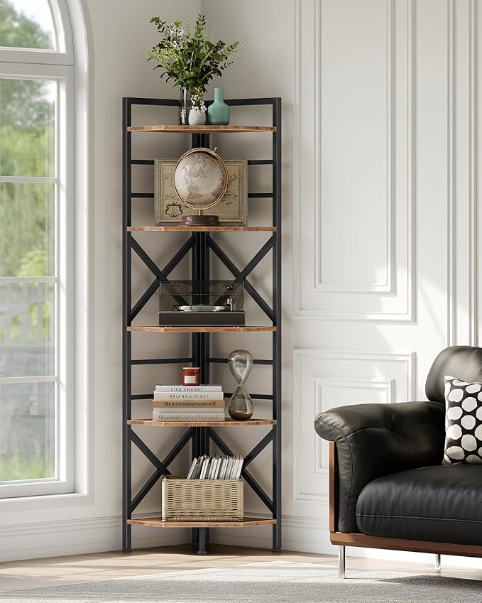 CHOEZON 69.3" Corner Shelf 5-Tier, Large Corner Shelving, Freestanding Storage Stand for Bedroom, Living Room, Kitchen, Industrial Engineered Wood Bookshelf Organizer, Rustic Brown and Black TCJ15BF