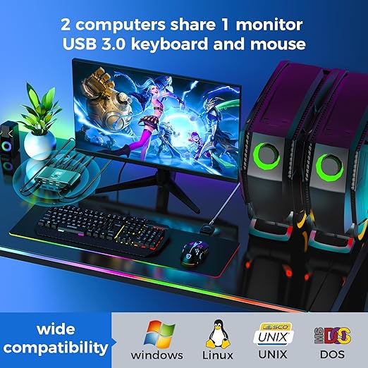 4K@60Hz HDMI Kvm Switch 1 Monitors 2 Computers, Sharing USB Devices with 3 USB 3.0 Ports, Supports Wired Remote and Button Control, EDID Compatible, Suitable for Laptop/Desktop