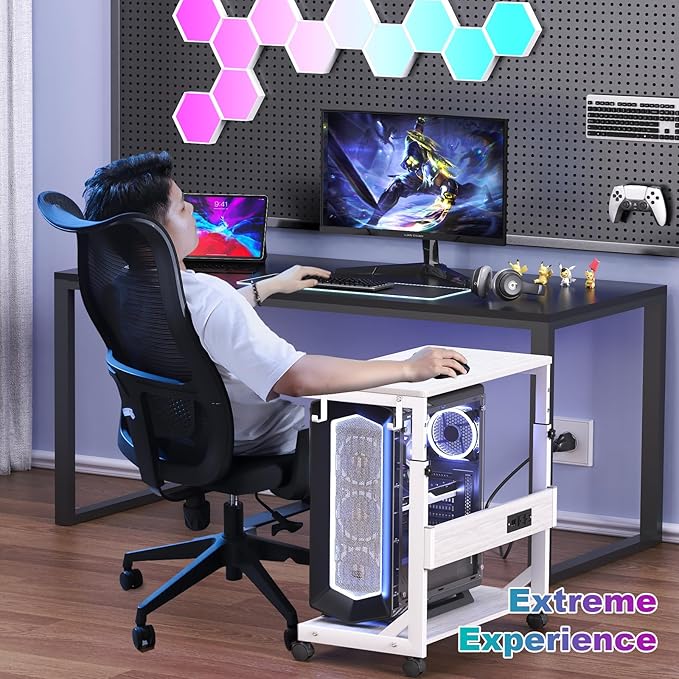Height Adjustable Computer Tower Stand with Charge Station and USB Charging Port, 2-Tier ATX-Case Cart, Under Desk Mobile PC Stand, CPU Holder Cart with Locking Caster Wheels for Fits Most PC