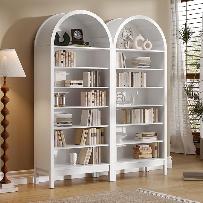 Wodeer Tall Arched Bookshelf, 7-Tier Bookcase with 3 Adjustable Shelves, Modern Farmhouse Storage Shelf for Living Room, Entryway, Office, 29.5" W x 70.1" H x 13.8" D, White