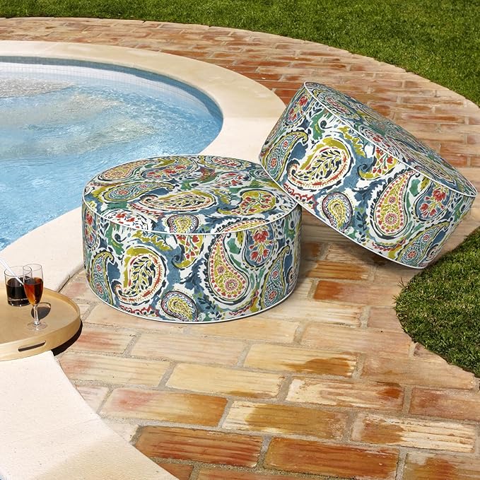 Outdoor Patio Inflatable Ottoman, 21x9 Inch Portable Stool Ottoman with Handle, Round Footrest Stool for Home Garden Camping, Paradise Paisley