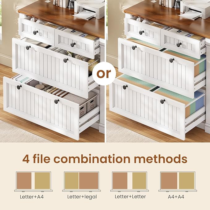SEDETA 4 Drawers File Cabinet, 33" Farmhouse Filing Cabinets for Home Office fit Legal/Letter/A4 File, Wood Office File Cabinet with Power Outlets, Printer Stand with Storage, White+Brown