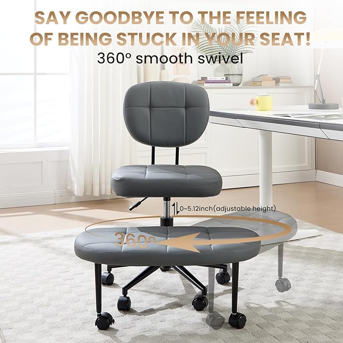 Criss Cross Chair Armless Office Chair for Cross Legged Sitting, 300lb Heavy Duty Ergonomic Desk Chair for ADHD, Adjustable Meditation Yoga Kneeling Chair with Brake Wheels for Home Office (Grey)