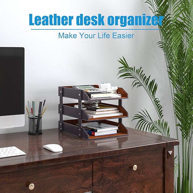 Leather Desk Organizer, Thipoten 3-Tier Stackable Letter Tray Holder for Office Supplies, Paper, File, Magazine, Perfect Office Organization for Desktop (Brown-3Tiers)