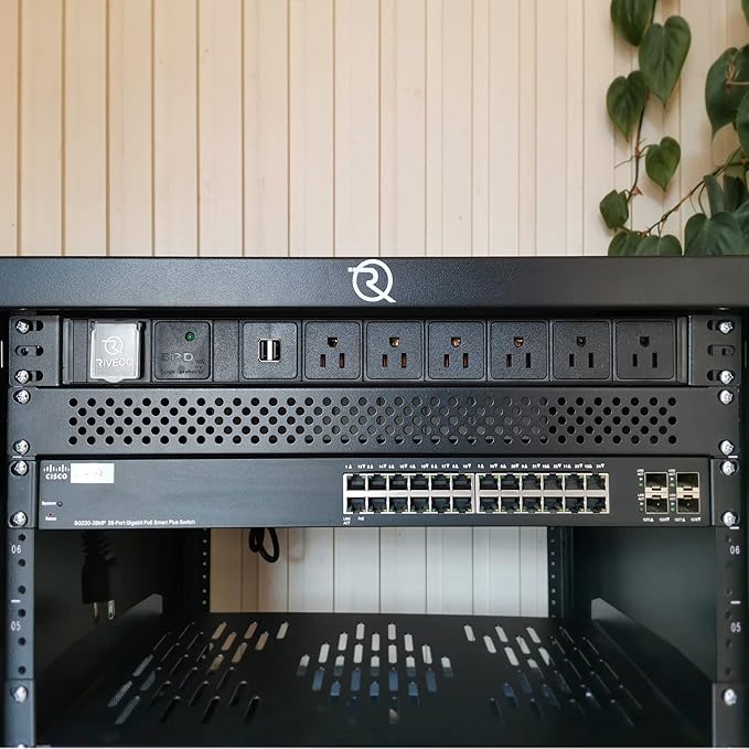 RIVECO PDU 6 Outlets with 2 USB Ports, Flexible Rack Mount Power Strip for 19” Server Cabinet, with Surge Protector for Network & Audio Devices, 1U Black