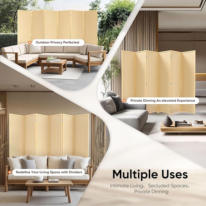 JOSTYLE Room Divider Folding Privacy Screen, 6 Panel Room Divider Screen - 6 ft. Tall Bamboo Divider Panel for Room Separation Freestanding Partition Wall, Beige, 70.9" H x 119" W