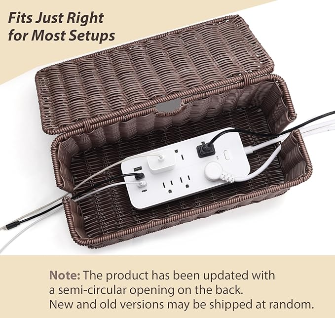Large Cable Management Box, Handwoven Imitation Rattan Cord Organizer Cord Hider Box, Desk Cord Management Box to Hide Cords and Power Strips, Dark Brown