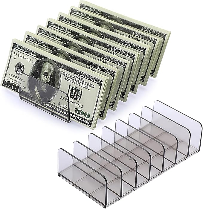 Hipiwe 2 Packs Mail Organizer Plastic Cash Tray for Desk - 7 Slots File Organizer Desktop Bill Divider Holder for Paper Envelope Document Book Money Eyeshadow Makeup Palette,Grey
