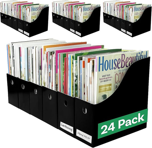 Evelots Magazine File Holder - Set of 24 Black - Office Desk Organizer - Sturdy Cardboard - New Upgraded Double Front Panel for More Stability - Full 4 Inch Wide - Easy Assemble