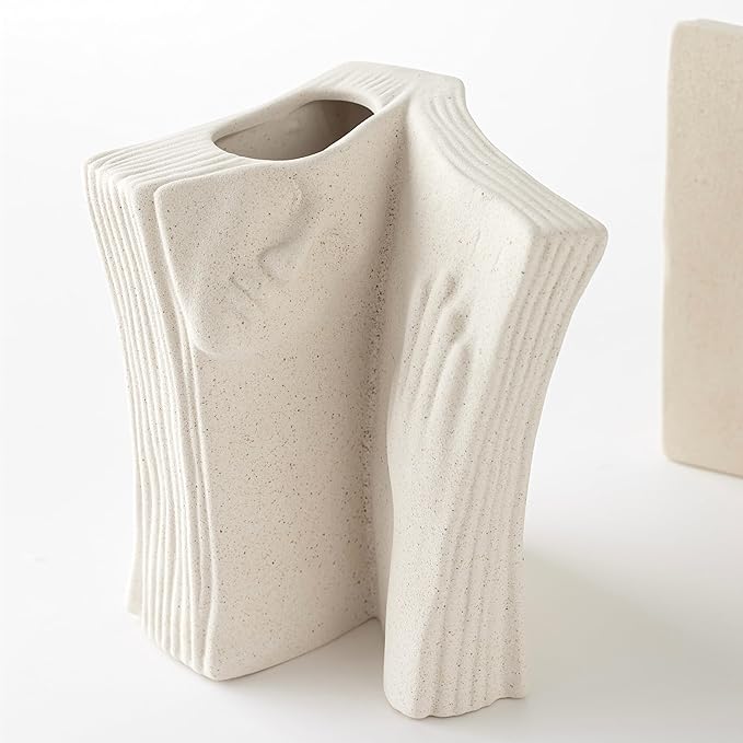 Ceramic Vase Bookends - Unique Decorative Bookend Flower Vases - Set of Two at 6.5in (16.5cm) Height - Cream White Matte Finish Modern Design - Aesthetic Home Office Library Decor