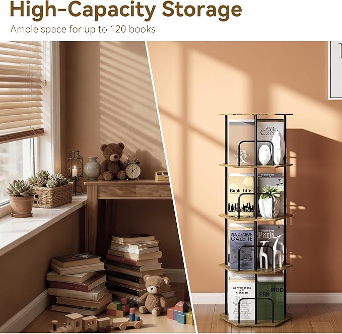 SUNMORY 4 Tier Rotating Bookshelf Tower, Revolving 360 ° Spinning Bookcase, Hexagonal Corner Book Shelf Storage Carousel, Vertical Rotate Turning Organizer Book Shelves for Living Room Office Bedroom