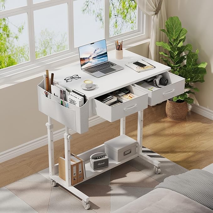 WINAZ Small White Portable Rolling Desk with Drawers & Storage Shelf, 32 Inch Mobile Standing Desk Adjustable Height with Wheels for Home Office, Kids Desks Couch Sofa Side Laptop Craft Table