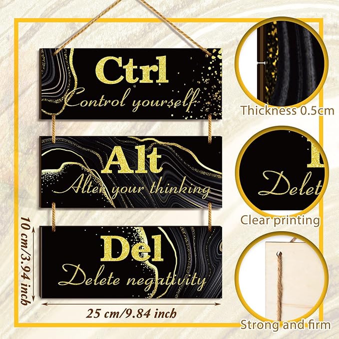Qunclay Black and Gold Office Wall Decor Ctrl Alt Del Inspirational Rustic Wall Hanging Wooden Signs Motivational Art with Sayings Motivational Plaques for Home Living Room Decoration, 10 x 4 Inch