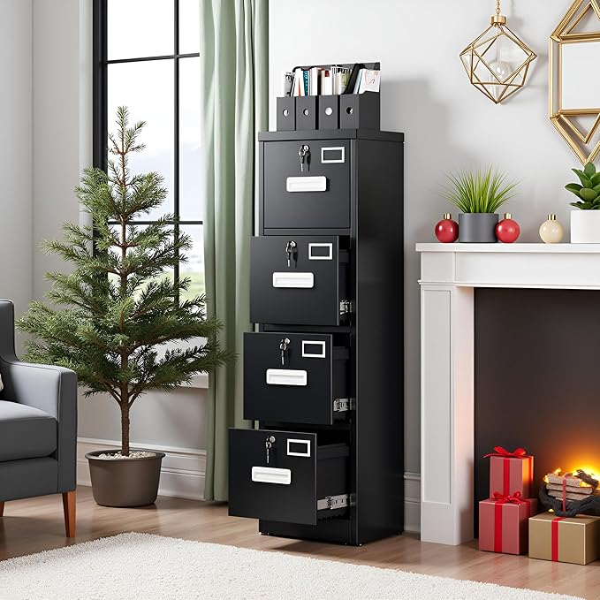 SUXXAN 4 Drawer File Cabinet with Lock and Name Card Slots, Heavy Duty Metal Vertical Filing Cabinet for Home Office for Letter/Legal/A4 Size, 17.72" D x 14.96" W x 55.2" H, Black