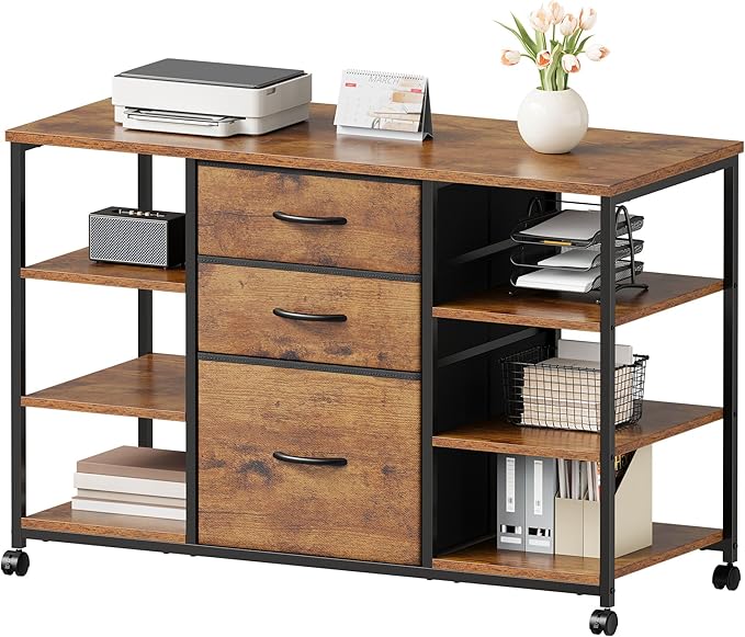 YeTom Mobile File Cabinet,Lateral Filing Cabinet with 3 Fabric Drawers,Rolling Printer Stand with 4 Open Storage Shelf for Home Office,Rustic Brown