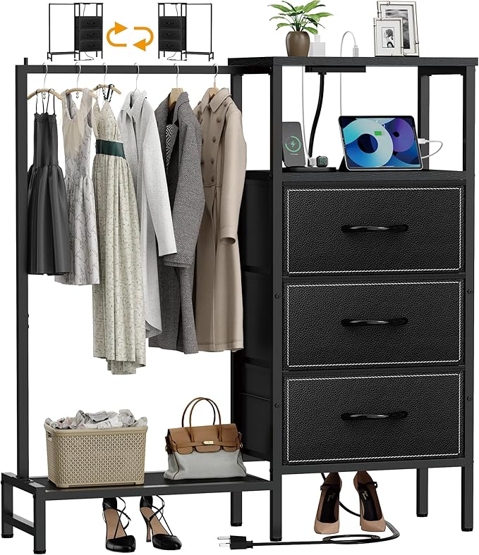 Dresser for Bedroom with Hanging Rack, 3 Drawers Closet with Charging Station, Fabric Chest of Drawers with Clothes Rack, Storage Organzier for Hallway Entryway, Black