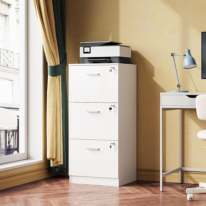 DEVAISE 3 Drawer File Cabinet, Vertical Wood Filing Cabinet for Home Office, Office Printer Stand for Letter and A4 Size, White
