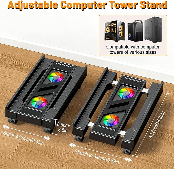 Tendak Adjustable Computer Tower Stand with Cooling Fan, Mobile CPU Holder Floor Stand with 4 Caster Wheels for Most PC Tower, Under Desk PC Holder for Office, Home and Classroom