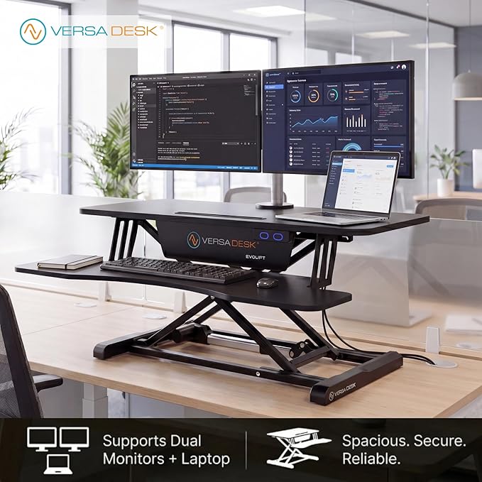 VERSADESK EvoLift 32" Electric Standing Desk Converter, Sit to Stand Riser, 1-Button Easy Lift, Dual Monitor Workstation, Wide Keyboard Tray, Built-in Device Stand, Black