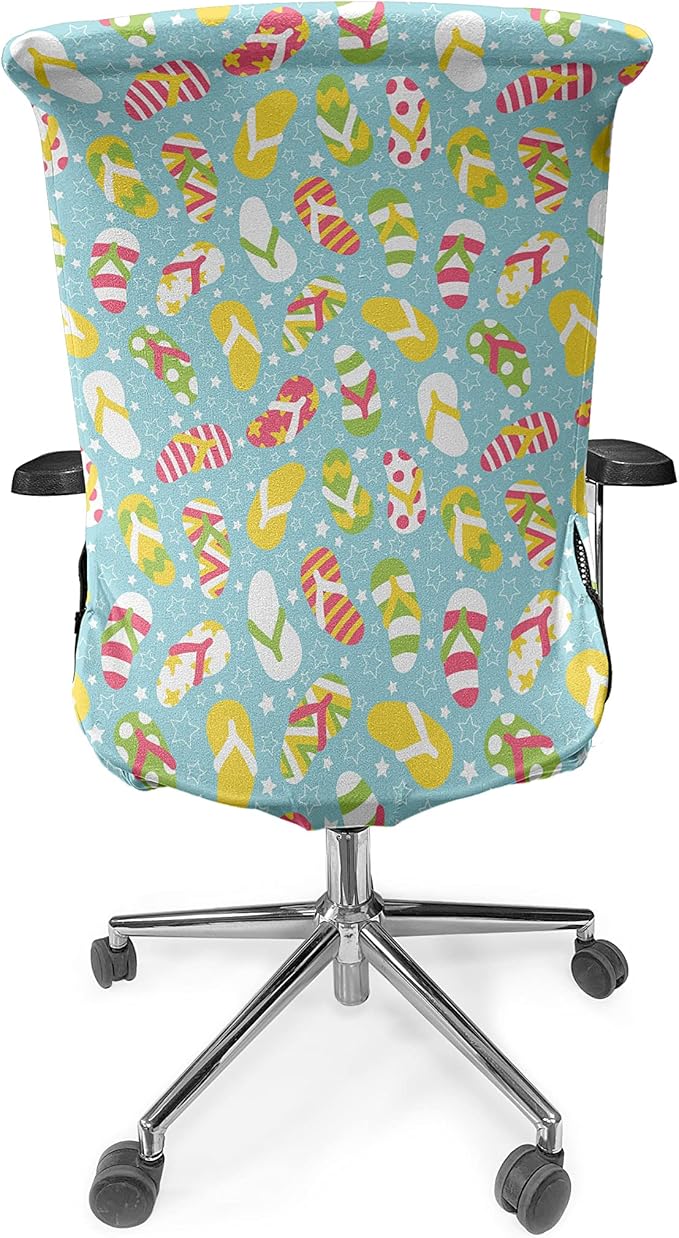 Ambesonne Flip Flop Office Chair Cover, Colorful and Different Patterned Double Pluggers on Star Filled Blue Backdrop, Stretchable Decorative Universal Size High Back Printed Slipcover, Aqua Blue