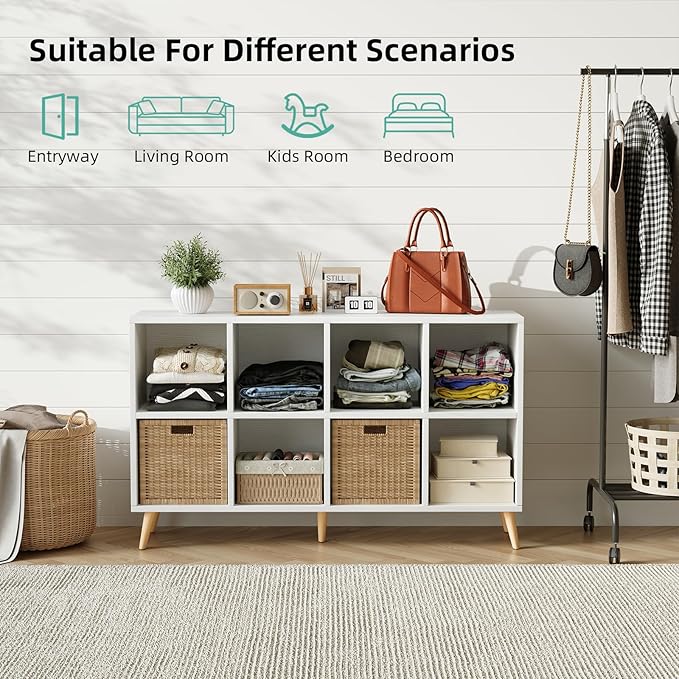 8-Cube Bookshelf 2 Tier Modern Bookcase with Legs, 11in Shelf Opening, 47" Wood Bookshelves Storage Organizer Shelf, Freestanding Open Book Shelves for Bedroom Living Room Office, White