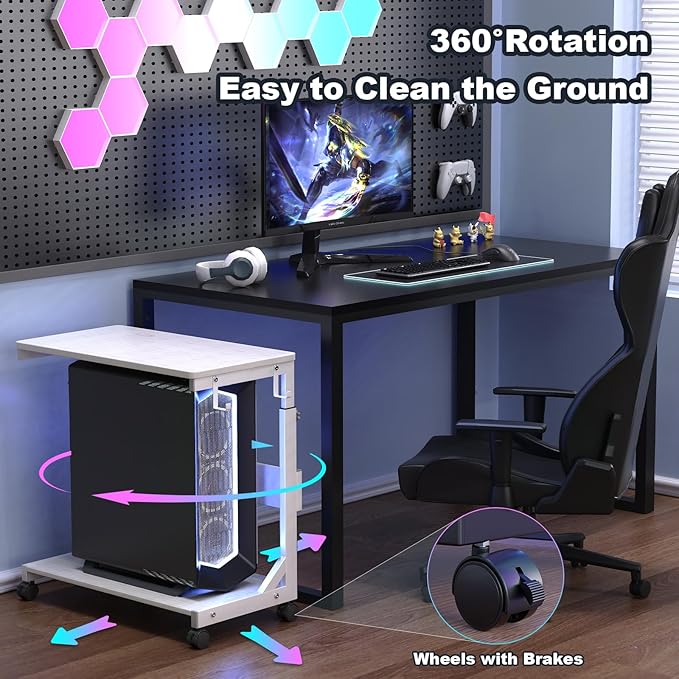 Height Adjustable Computer Tower Stand with Charge Station and USB Charging Port, 2-Tier ATX-Case Cart, Under Desk Mobile PC Stand, CPU Holder Cart with Locking Caster Wheels for Fits Most PC