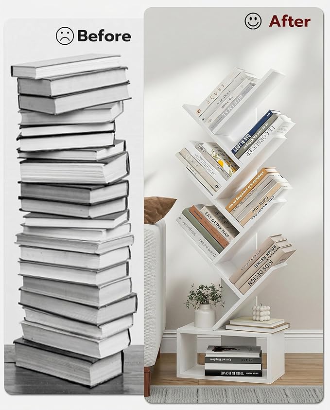 XBurmo 6 Tier Tree Book Shelf - Small Bookshelf Decor, Corner Bookshelf, Living Room Storage, Tall Narrow DVD & CD Shelf Storage Bookshelves, Comic Bookcases Standing for Bedroom or Office, White