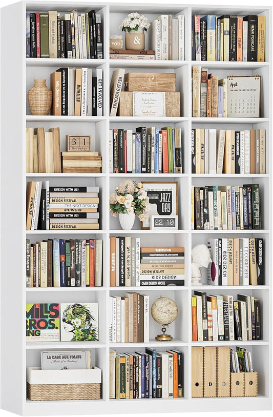 HOSTACK 86" H Triple Wide Bookshelf and Bookcase, 7 Tier Tall Bookshelf with Storage, Large Bookcase with 21 Open Display Storage Shelves, Wood Book Shelf Media CD DVD Storage for Living Room, White