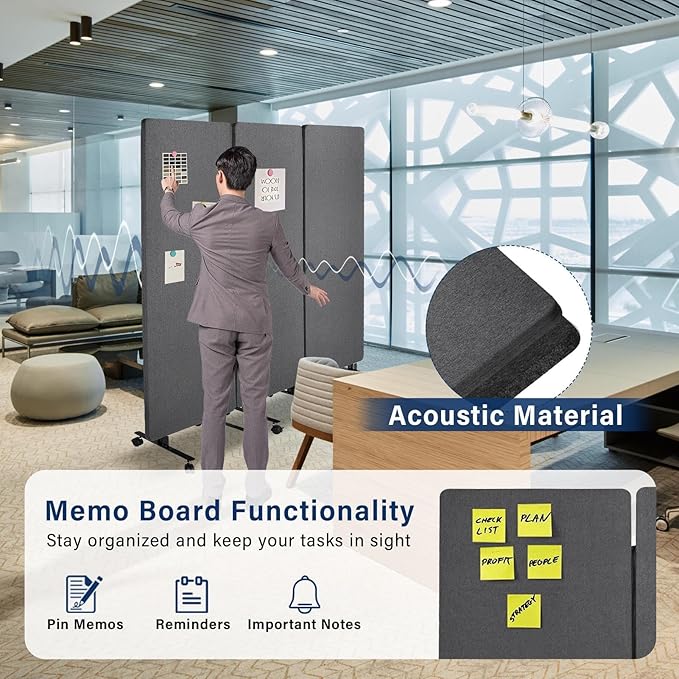 72" X 66" Partition Room dividers, 3 Panel Sound Proof Dividers for Office Partitions, Room Divider Privacy Panel with Wheels, Portable Temporary Wall for Office, Studio, School, Hospital(Dark Grey)