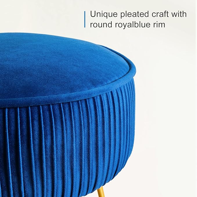 LUE BONA Pleated Vanity Stool, Velvet Upholstered Vanity Stool for Makeup Room, Ottoman Footrest with Metal Legs for Living Room, Bedroom, RoyalBlue