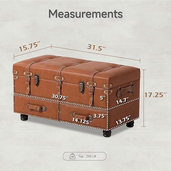 COZAYH Vintage Mid-Century Faux Leather Storage Ottoman Accent Bench - Upholstered Padded Chest for Entryway, Bedroom, Living Room, Tan
