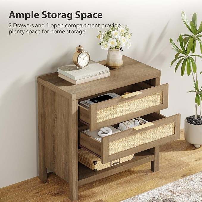 Eclatara Rattan Nightstands Set of 2, Farmhouse Bedside Table with 2 Drawers and Storage Shelf, Rattan Boho Accent Night Stands for Bedroom Large Space Sofa (2, Reclaimed Caramel Oak)