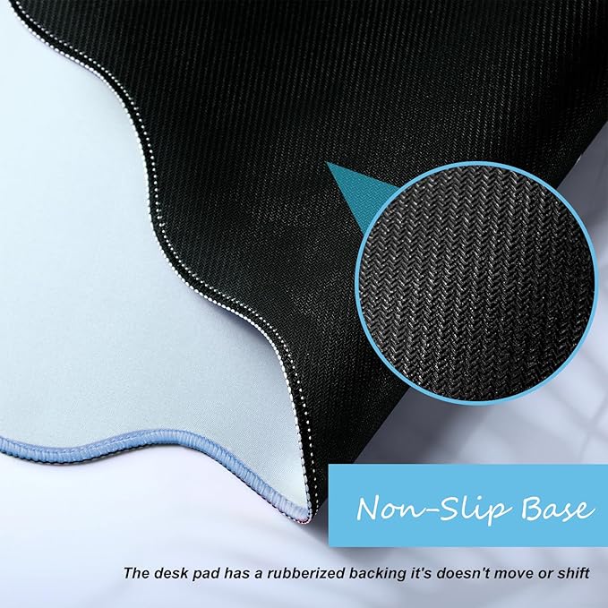 Hahafelt Scalloped Desk Mat Large Scalloped Piping Cute Desk Mat Aesthetic Preppy Table Pad Large Nonslip Pad with Edge Stitching Waterproof Gaming(Blue,23.6 x 13.8 Inches)