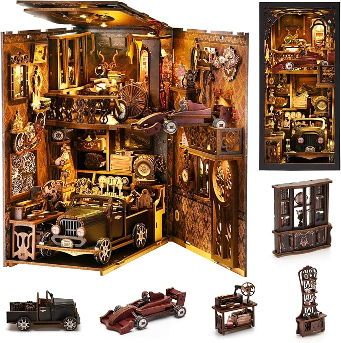 TOYQI Book Nook Kit, Book Nook Kits for Adults, DIY Miniature Dollhouse Kit 3D Wooden Puzzle Booknook Bookend with LED Light