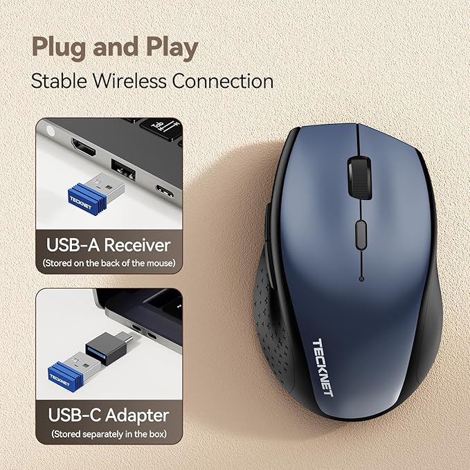 TECKNET Rechargeable Mouse with Jiggler, Plug & Play, 2.4G Connection with USB-C Adapter, Silent Mouse Quiet Click, 6400 DPI Ergonomic Mouse, Cordless Computer Mice for Laptop, Desktop, PC