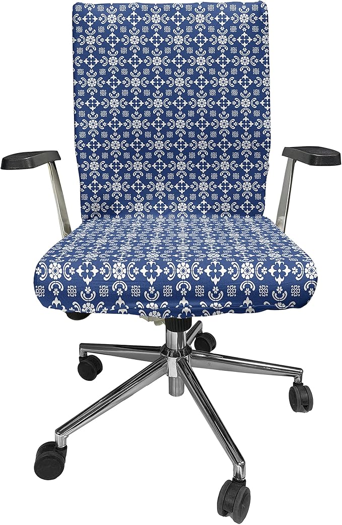 Ambesonne Folk Art Office Chair Cover, Talavera Tile Like Pattern Along Floral Ornaments and Abstract Forms, Stretchable Decorative Universal Size High Back Printed Slipcover, Azure Blue