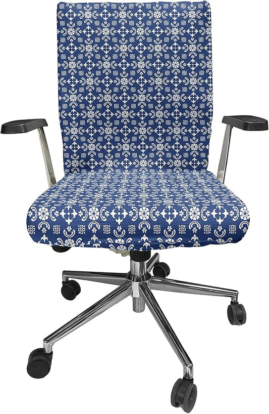 Ambesonne Folk Art Office Chair Cover, Talavera Tile Like Pattern Along Floral Ornaments and Abstract Forms, Stretchable Decorative Universal Size High Back Printed Slipcover, Azure Blue