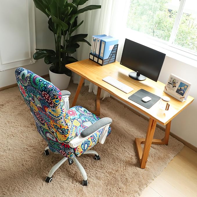 FORCHEER Large Office Chair Cover Stretchable Boho Printed Computer Chair Cover Armrest Office Desk Chair Slipcover Washable Durable