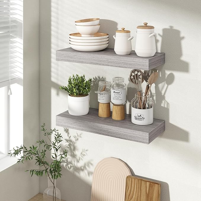 Acovy 16 Inch Floating Shelves for Wall 2 Pack, 16" Wall Shelves for Books, Storage, Decor, Wall Mounted Floating Shelf with Invisible Brackets for Kitchen, Living Room, Gray