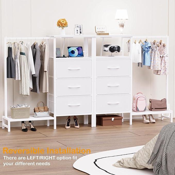 Dresser for Bedroom with Hanging Rack, 3 Drawers Closet with Charging Station, Fabric Chest of Drawers with Clothes Rack, Storage Organzier for Hallway Entryway, White