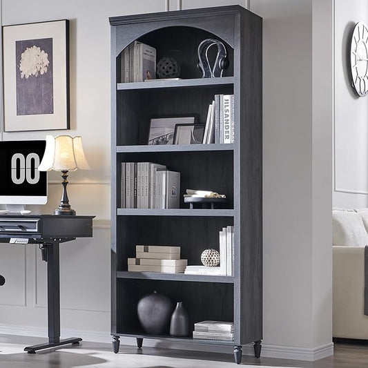 IFGET 76" Tall Arched Bookcase, Farmhouse 5 Tiers Large Arched Bookshelf Cabinet with Adjustable Shelves, Modern Wooden Book Shelf w/Storage and Open Display Shelves for Living Room, Office-Dark Grey
