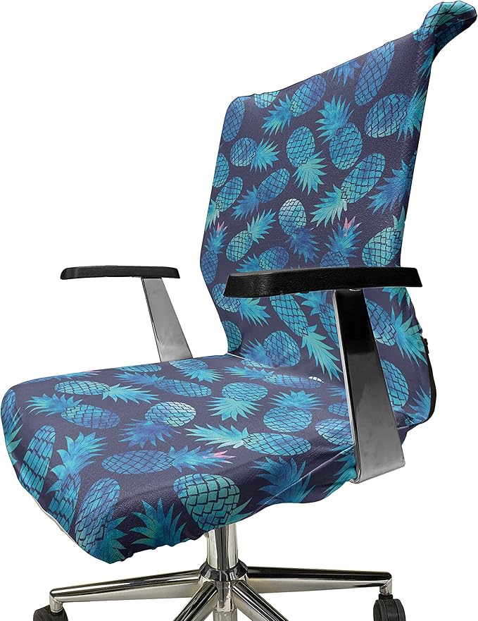 Ambesonne Modern Office Chair Cover, Pineapple Pattern Exotic Fruit in Digital Watercolor Illustration, Stretchable Decorative Universal Size High Back Printed Slipcover, Night Blue