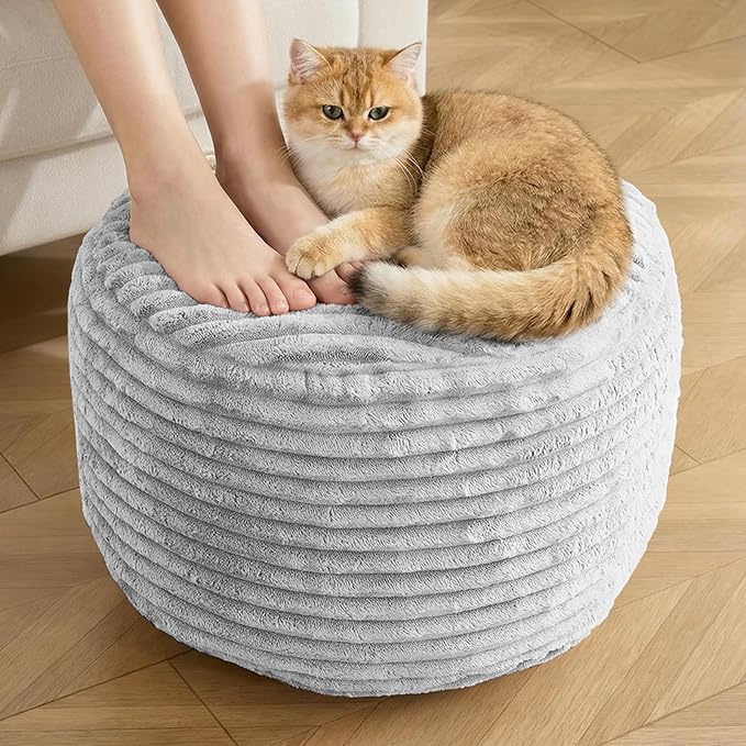 Round Pouf Ottoman,Corduroy Poufs with Memory Foam Filling for Foot Rest,Soft Footstool for Living Room,Office,20"x 15",Light Grey