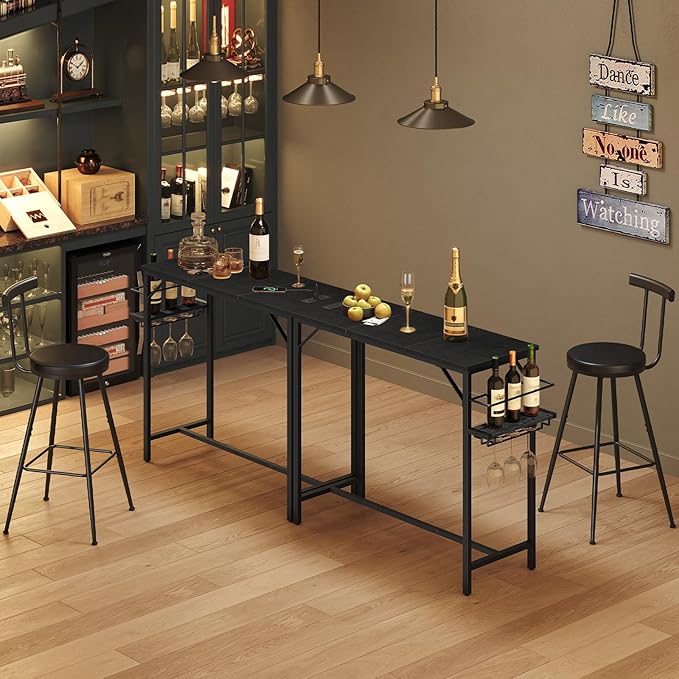 MAHANCRIS Bar Table, 35.4-Inch Counter Height Pub Table with Charging Station, Rectangular Dining Table with Wine Rack and Glass Holder, High Top Cocktail Tables, for Kitchen, Black（Only Table）