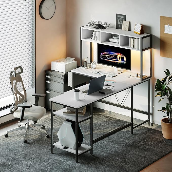 DUMOS L Shaped Gaming Desk 67", Reversible Computer Desk with LED Lights, Corner Desk for Small Spaces with Keyboard Tray & Storage Shelf, Metal Frame PC Gaming Table for Home Office Bedroom, White