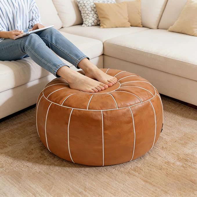 Thgonwid Unstuffed Moroccan Storage Pouf Foot Stool Ottoman Seat, No Filler Included, Handmade Faux Leather Bean Bag Floor Chair Foot Rest for Living Room, Bedroom or Balcony, Brown