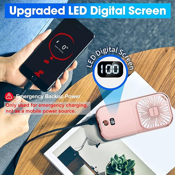 USB Rechargeable Upgraded 5-in-1 Portable Handheld Fan, Necklace Fan, Desk Fan, Foldable Phone Stand, 4 Speeds Airflow, Quiet Personal Fans with LED Digital Screen (Pink)